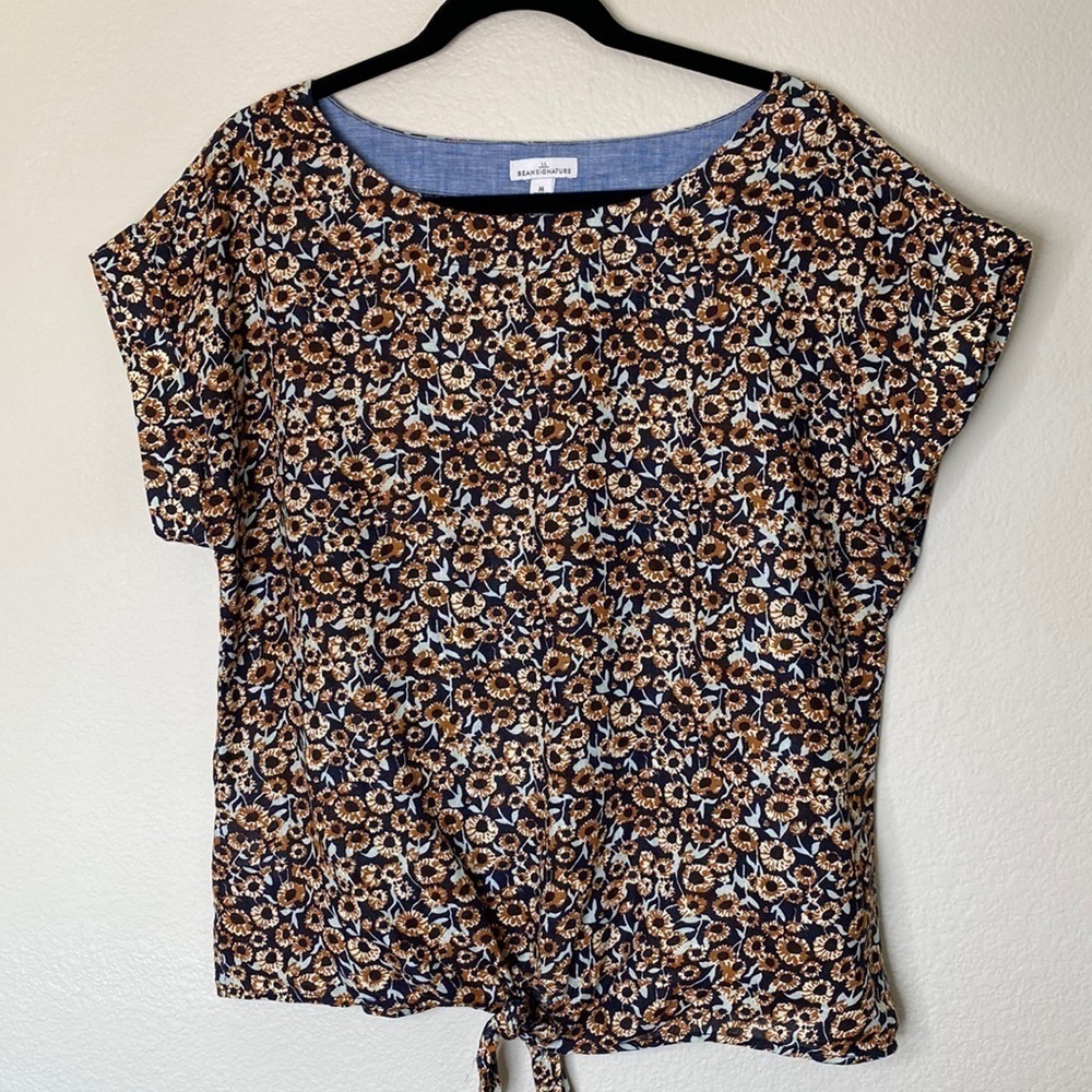 LL Bean linen sunflower top medium crop sleeve tie front EUC